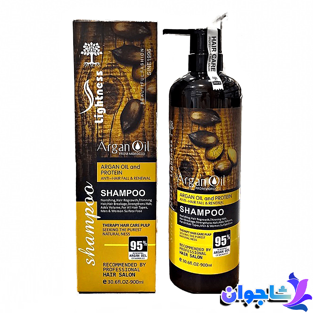 شامپو تقویت کننده و ترمیم کننده مو آرگان لایتنس مدل argan حجم 900 میلی لیتر
